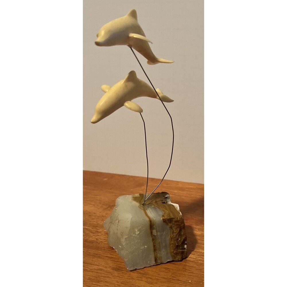Marvin Wernick Kinetic 2 Dolphins on Wire Statue 1974 Quartz Marble Base Vintage